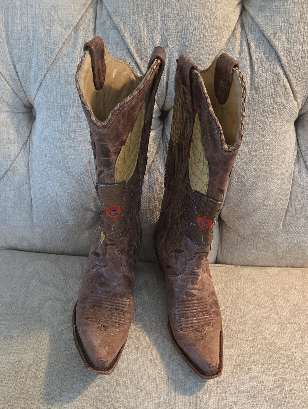 Vintage Brown Leather Embroidered Heeled Cowboy Boots with Yellow + Red Accents